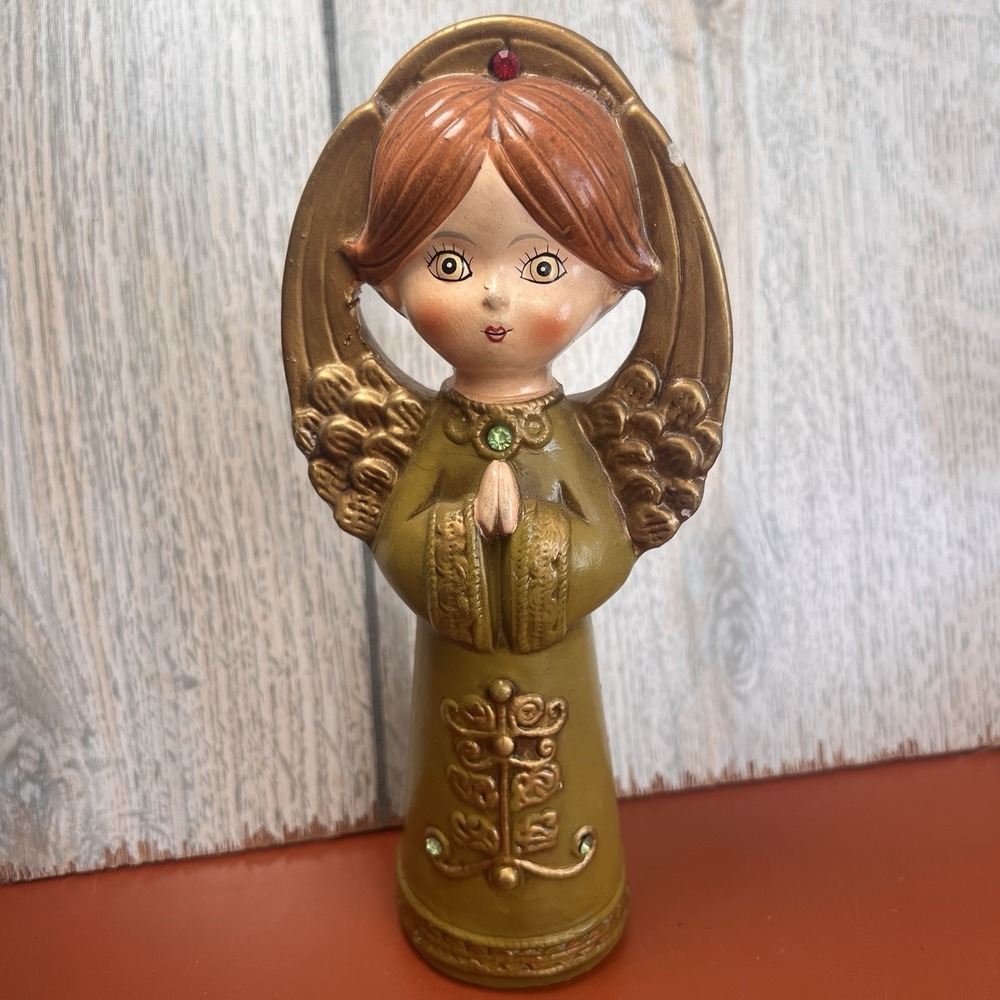 Vintage MCM ANGEL PRAYING Figurine Gold Paper Mache Japan 8" Jeweled ARDCO‎